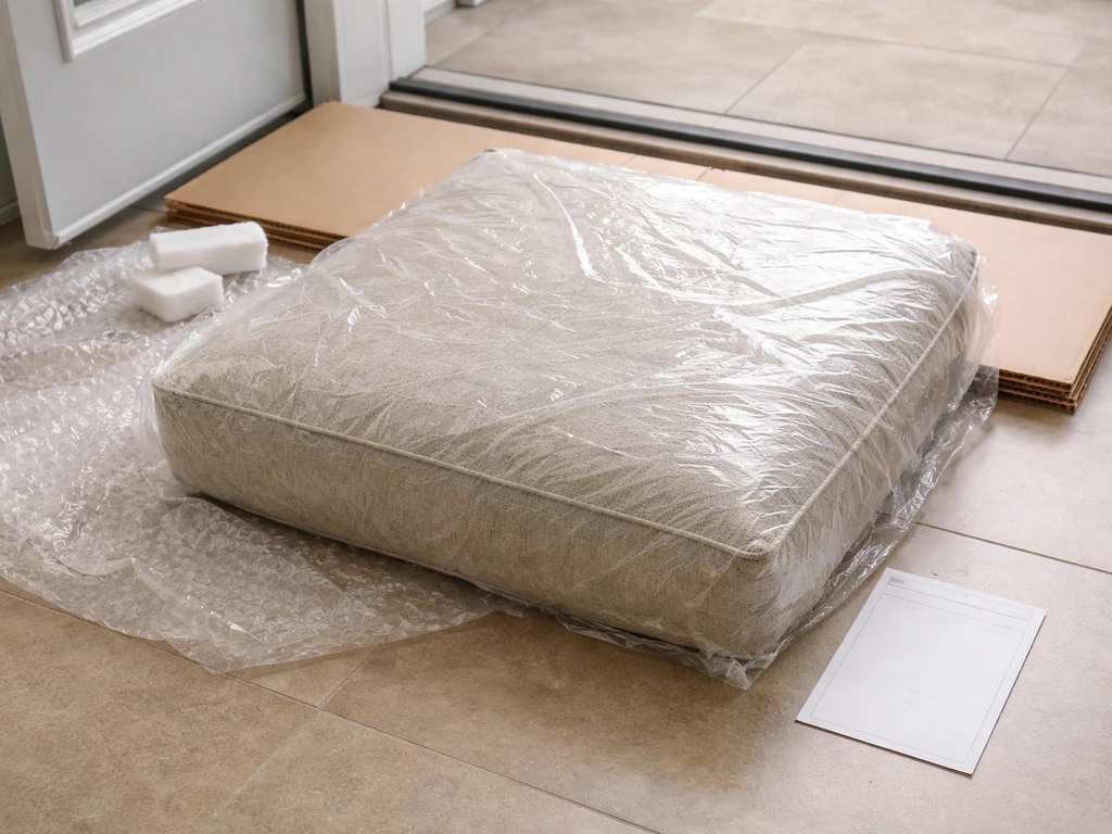 Unboxed patio cushion with protective wrap and packing materials beside a blank checklist card.