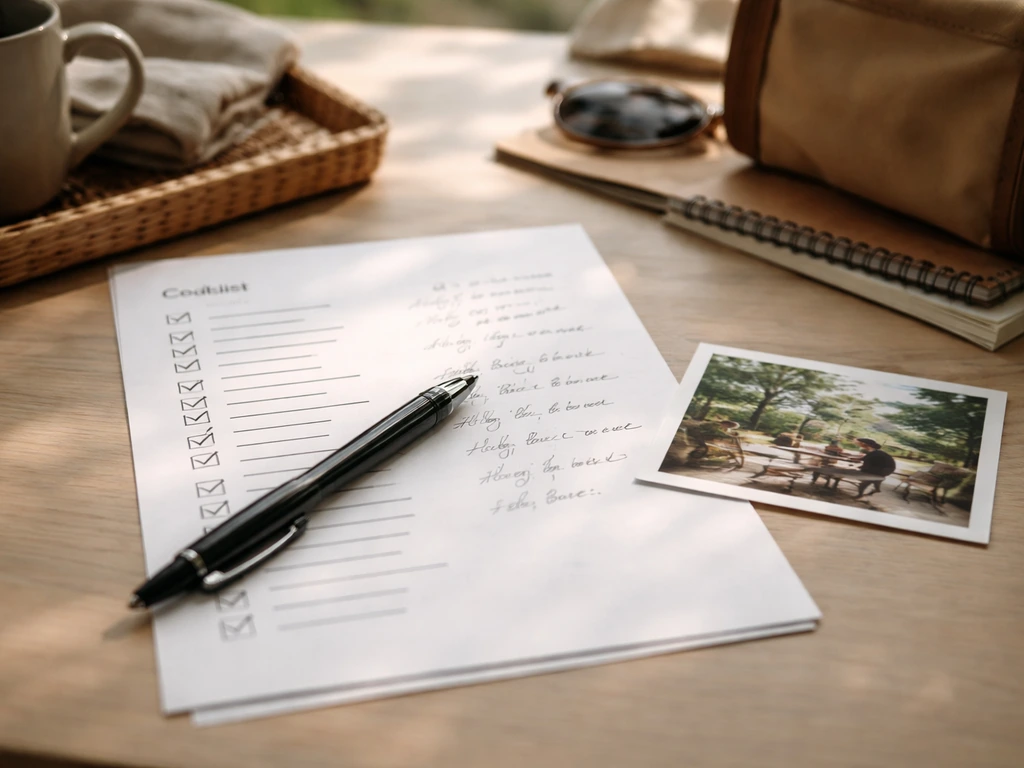 A minimal desk scene with a checklist of questions, pen, and a patio order reference card for pre-purchase Q&A
