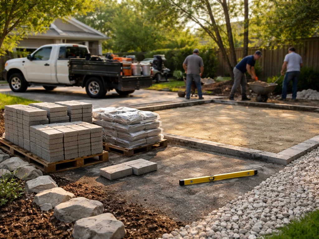 Houston-area patio contractor at a residential jobsite with a parked truck and patio materials