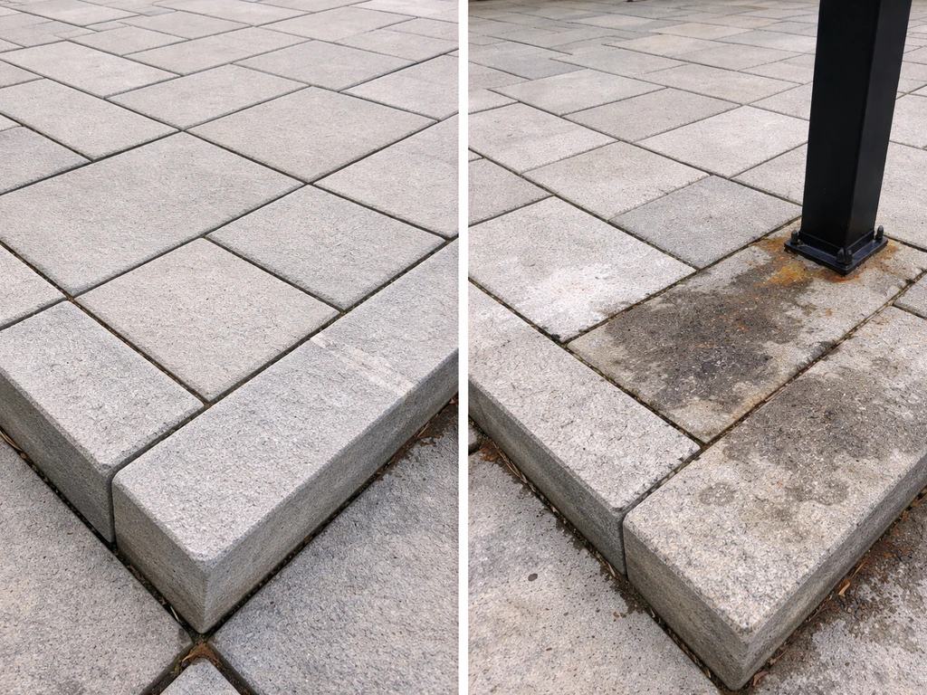 Minimal split scene showing good patio build quality vs a red-flag patio with damage and misalignment.