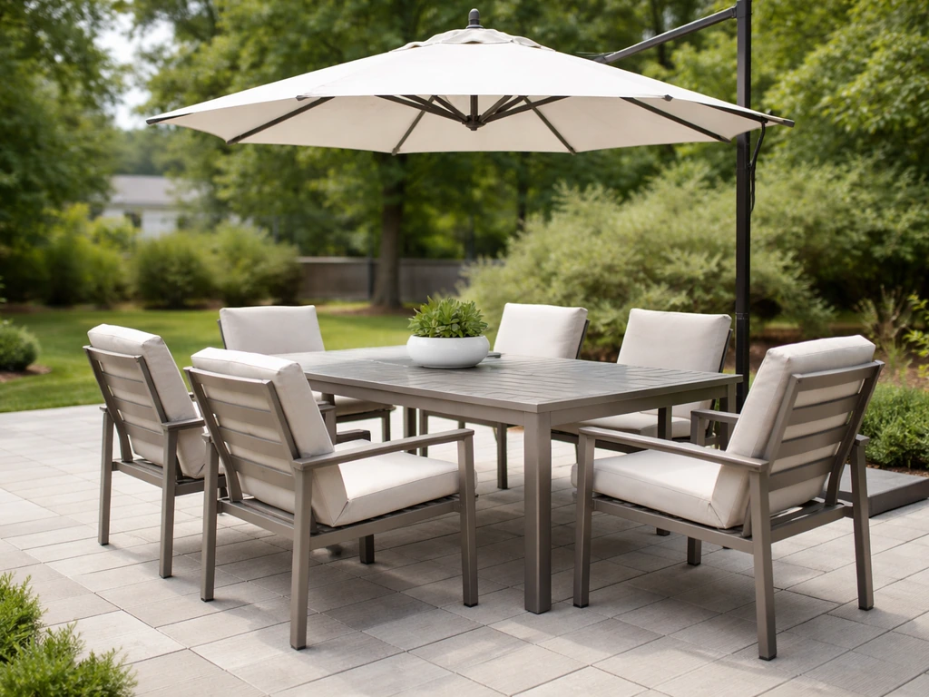 Aluminum patio table, matching chairs, and umbrella on a clean outdoor patio in natural light.