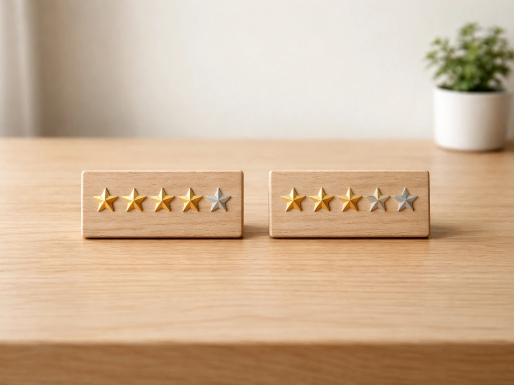 Minimal side-by-side rating tiles showing two aggregated star averages in a clean home office setting.