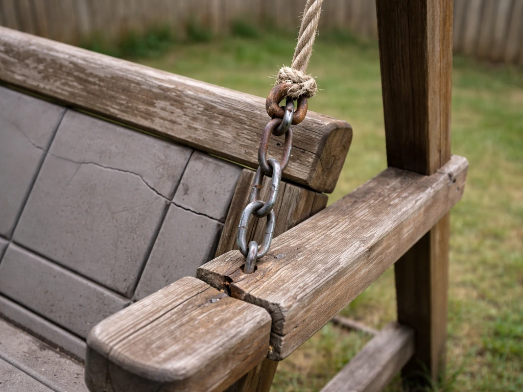Worn, peeling outdoor swing set with cracked and loose parts showing durability problems.