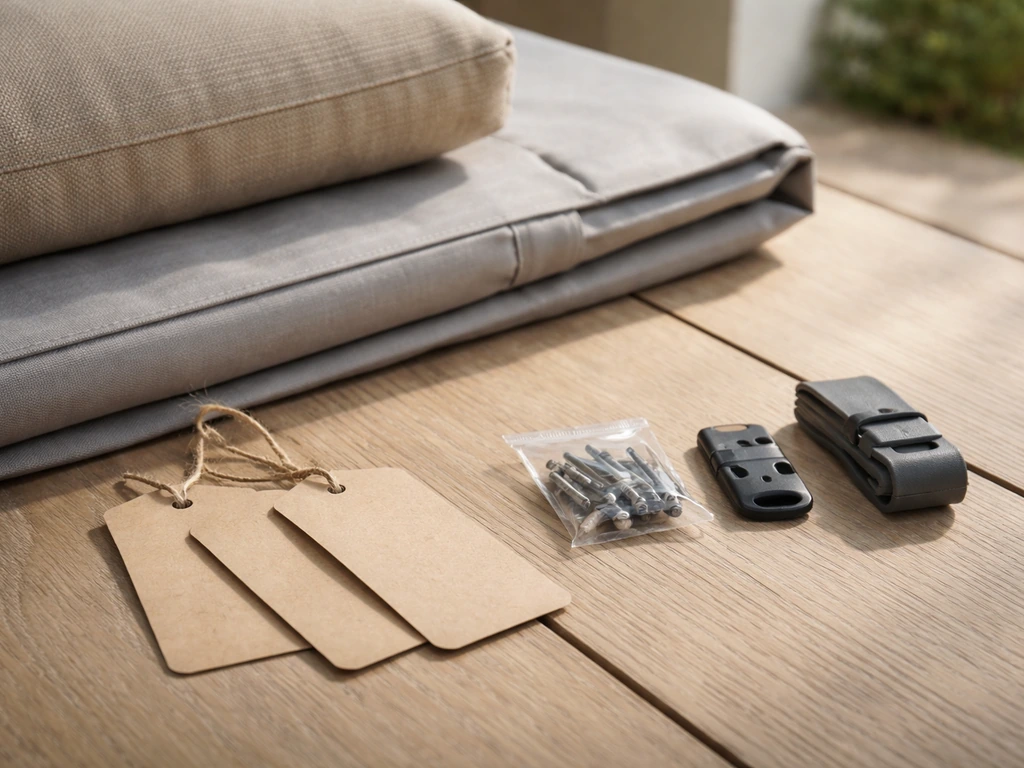 Patio cushion and cover with generic add-on items beside plain price tags indicating extra costs.