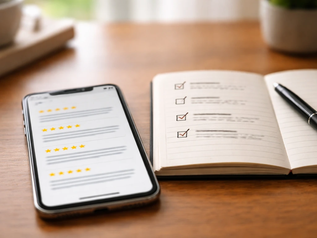 Close-up of a phone showing star ratings beside a checklist notebook for evaluating patio furniture reviews.