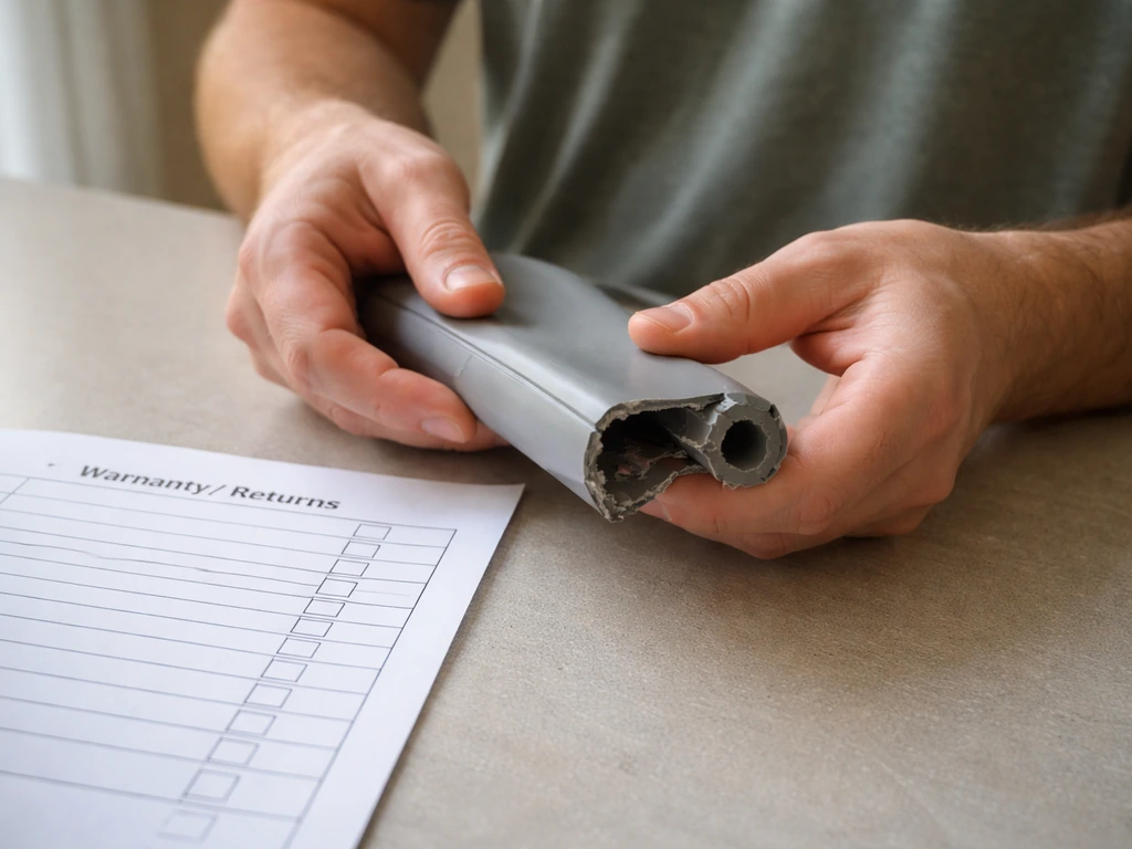 Hands examining a damaged patio furniture part beside a generic warranty/returns form checklist