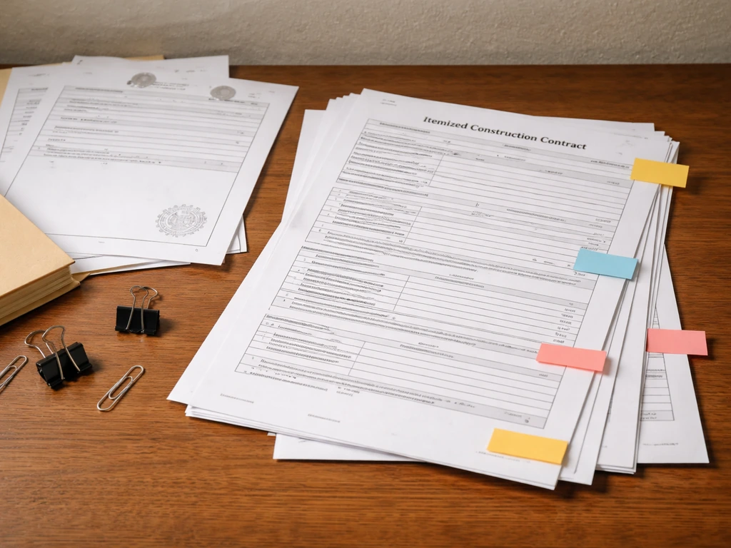 Open contract and generic license/insurance documents laid out on a table with paper clips and binder clips