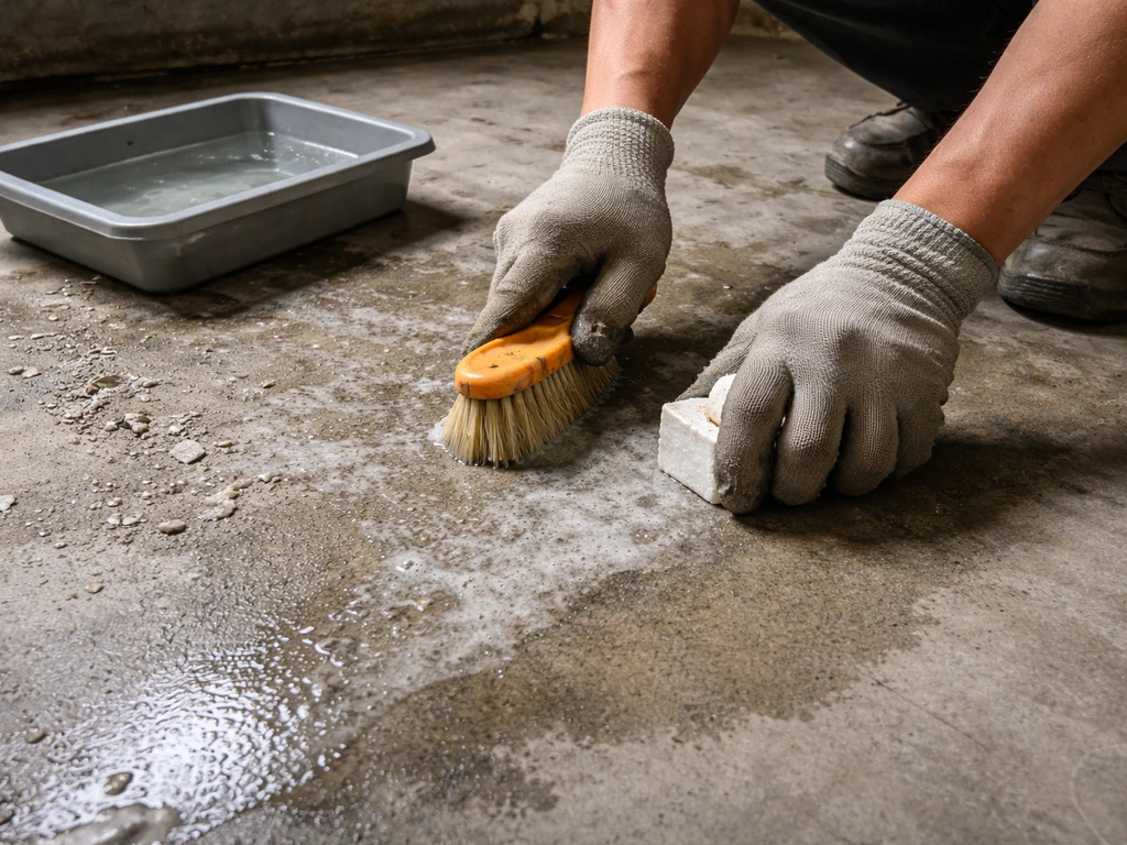 Gloved hands scrub a concrete floor with cleaning solution; loose paint and debris are visible.