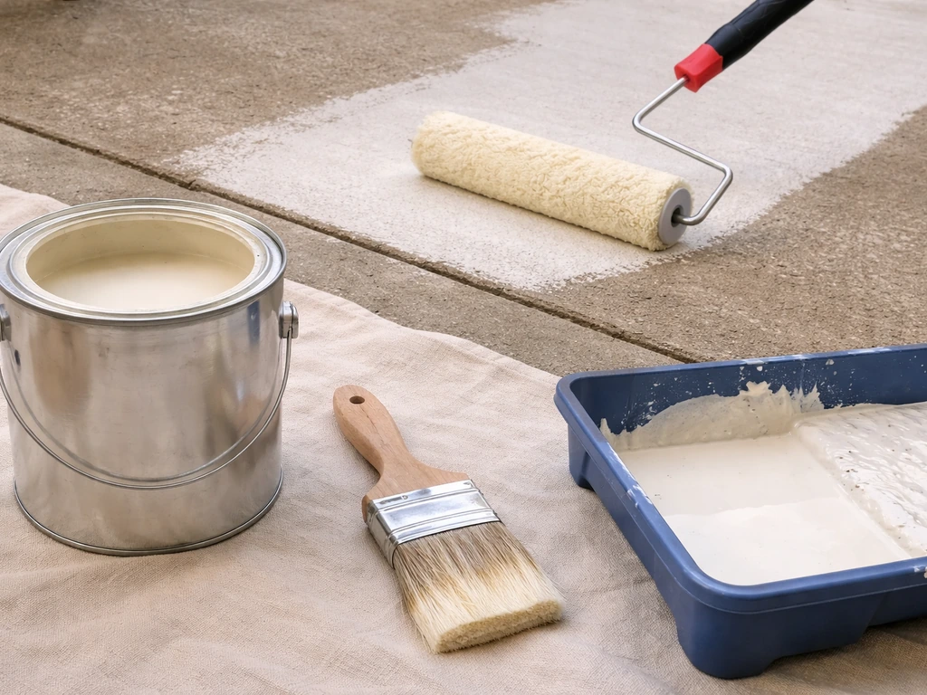 3/8-inch nap roller and synthetic brush beside a paint can, roller applying paint on concrete.