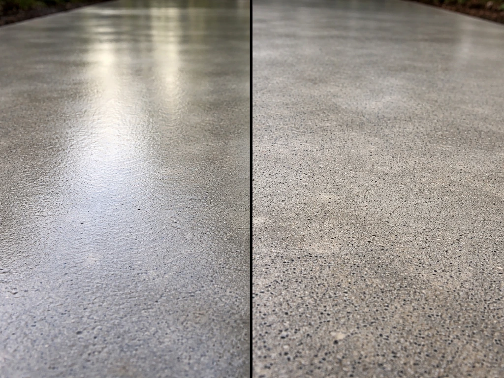 Side-by-side view of fresh low-sheen coated concrete versus lightly scuffed, duller section showing wear.
