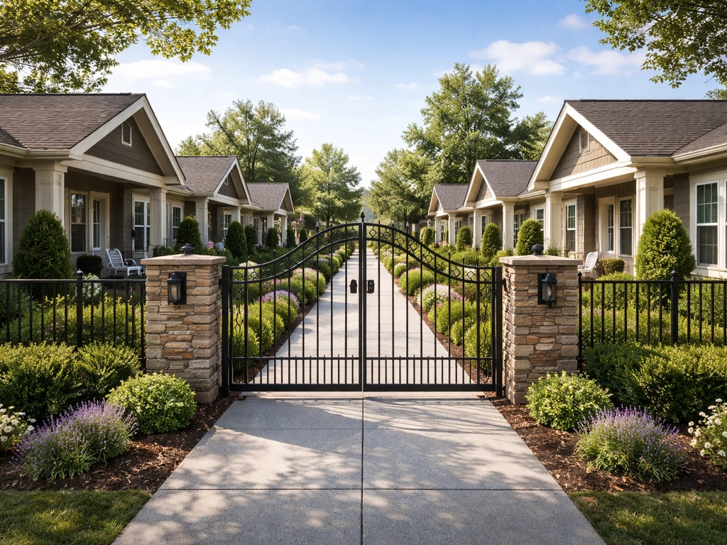 Wide exterior view of a patio-home community with matching entry gates, patios, and landscaped walkways.