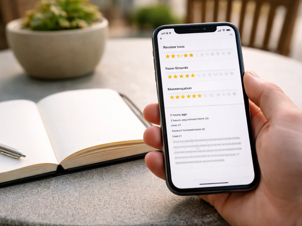 Close-up of a smartphone showing a resident review screen with star categories and recent timestamps, no text visible.