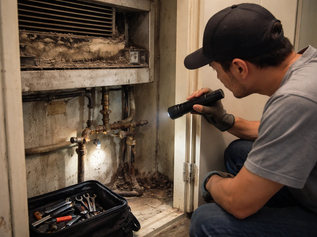 Anonymous technician inspecting an older HVAC unit and worn plumbing fixture in a dim maintenance nook.