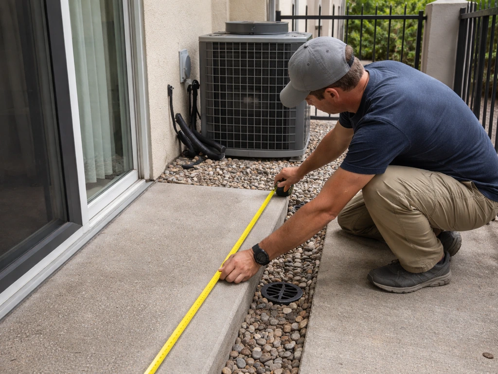 Someone uses a measuring tape during a patio walkthrough inspection outside a residential unit