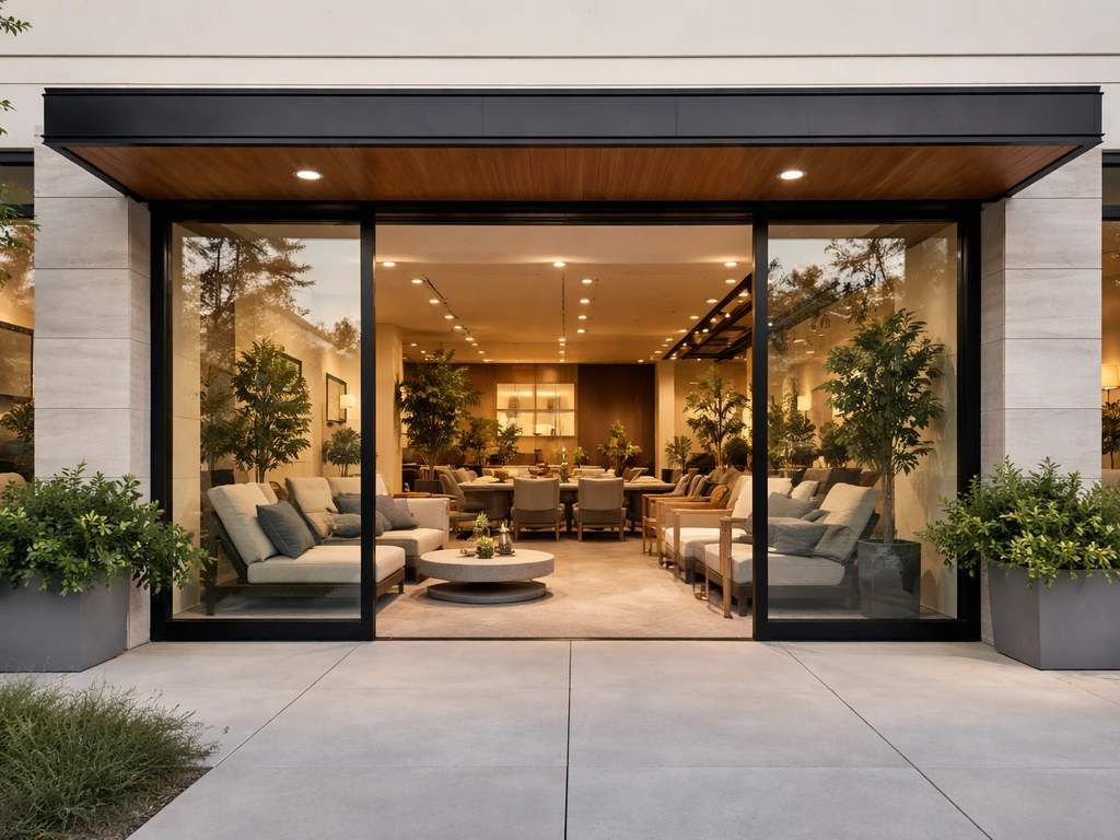 Exterior view of a modern patio furniture showroom with elegant storefront details and outdoor display