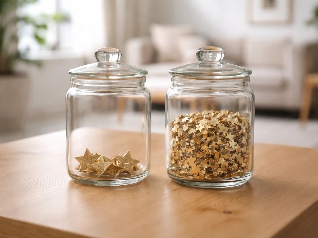 Two clear glass jars with different amounts of metallic stars to suggest ratings vs review volume.