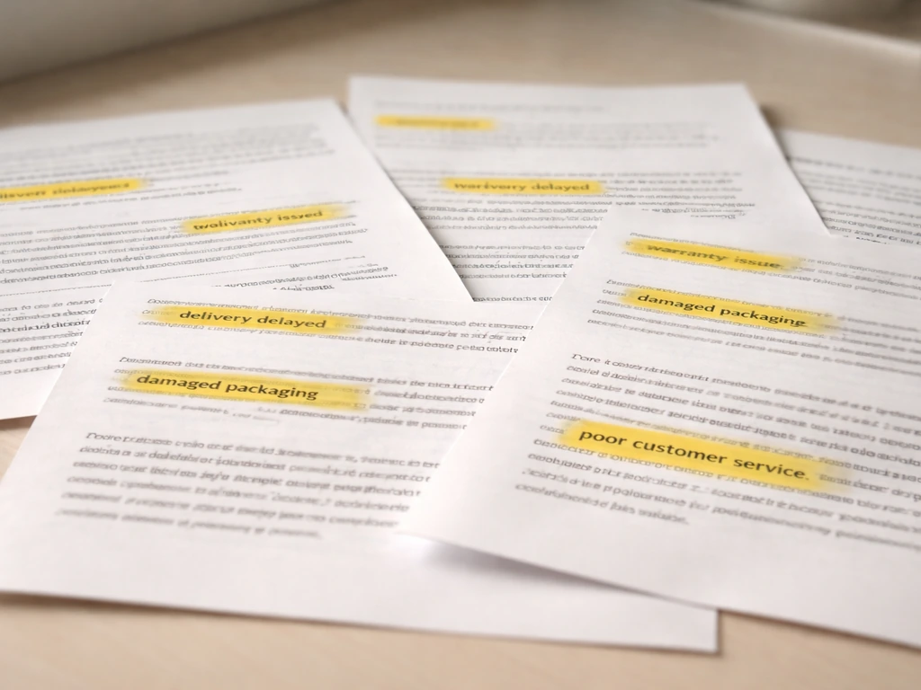 Close-up of multiple review pages with highlighted repeated phrases about delivery, warranty, and packaging issues.