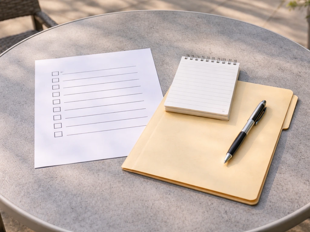 Checklist and pen beside a patio purchase folder on a patio table in natural light