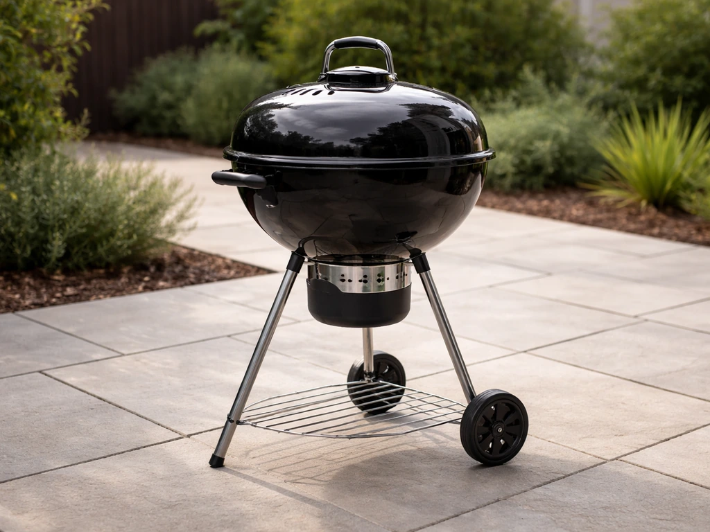 Panther 1850 charcoal kettle grill on a quiet backyard patio, lid vents clearly visible.
