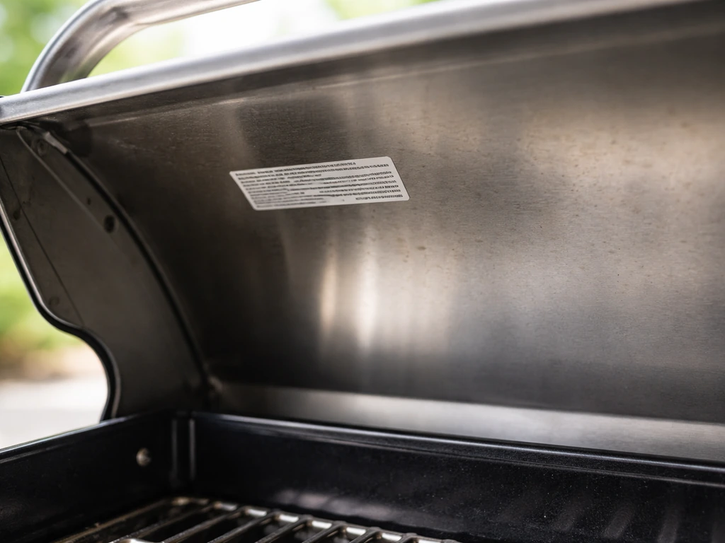 Close-up of a patio grill’s inside model sticker under the lid, with the label in sharp focus.