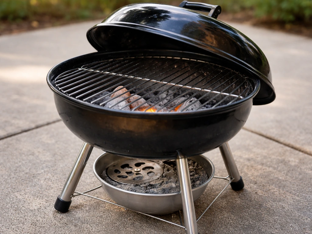Side view of a charcoal kettle grill with lid slightly open, highlighting vents, ash area, and grate condition.