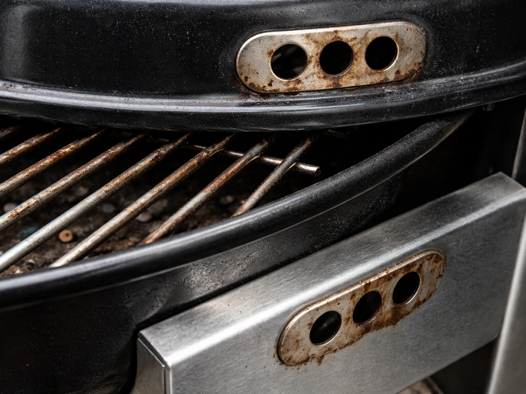Close-up of a steel grill showing porcelain enamel bowl, chrome grates, and vent wear with slight rust.