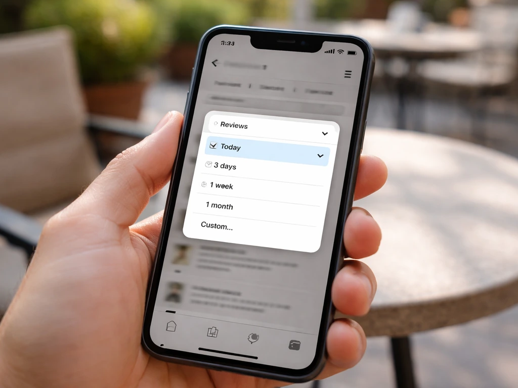 Close-up of a phone showing patio review dates and a “today” recency filter over an outdoor patio table.