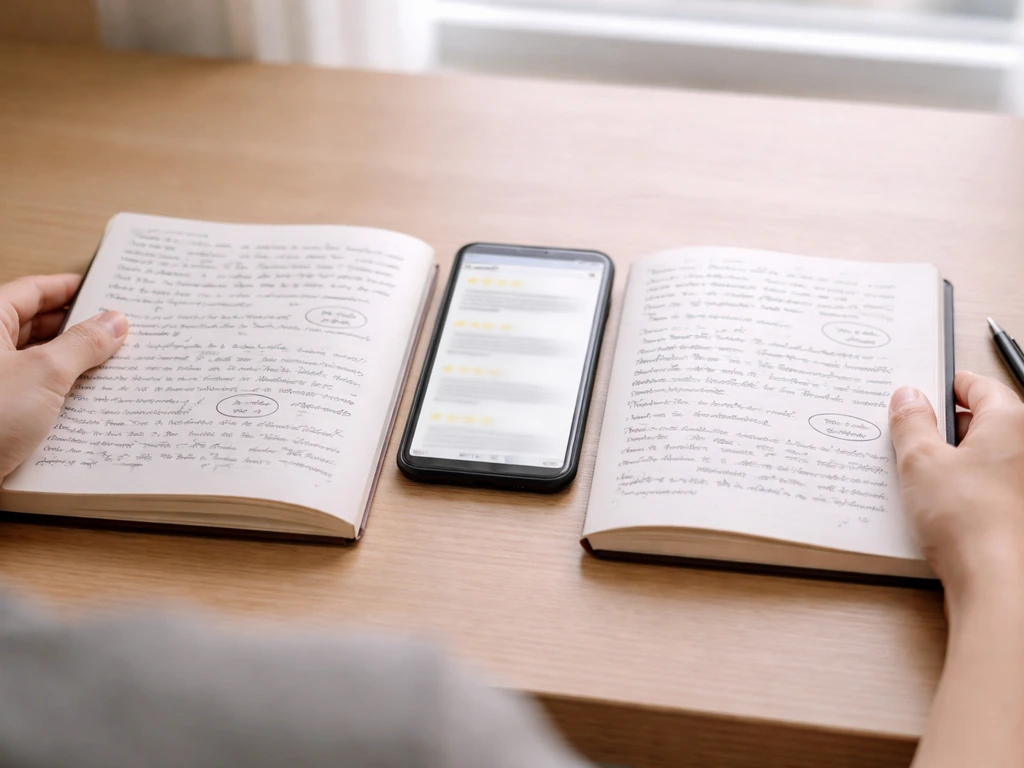 Close-up of a tidy desk with two open notebooks side-by-side and a phone showing review excerpts, no readable text.