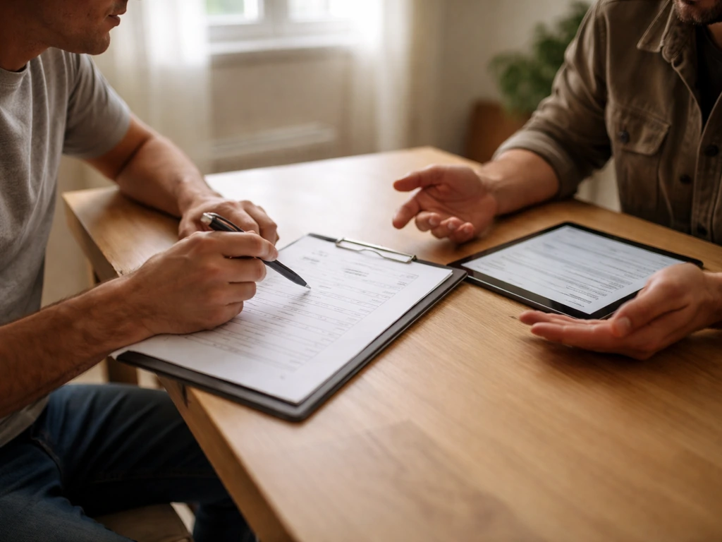 Homeowner and contractor review a quote checklist on paper and a tablet at a table in natural light.