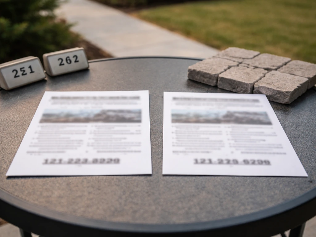 Two blurred contractor flyers for different locations sit side-by-side on a patio table with a paver sample.