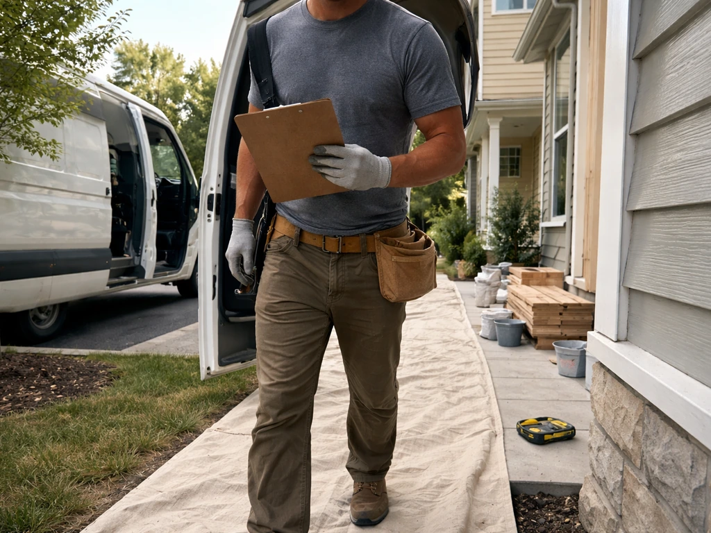 Anonymous contractor arrives with clipboard at a tidy residential jobsite, showing clean workmanship details.