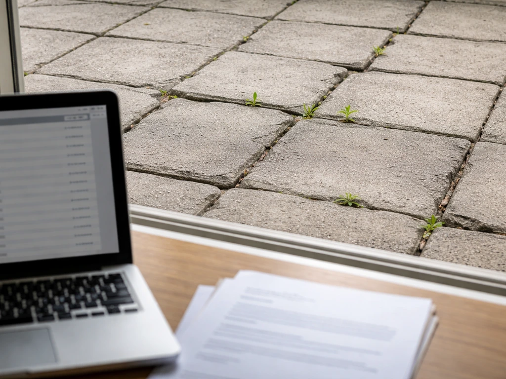 Close-up patio with cracked joints and weeds, paired with an open laptop/inbox suggesting unanswered follow-up.