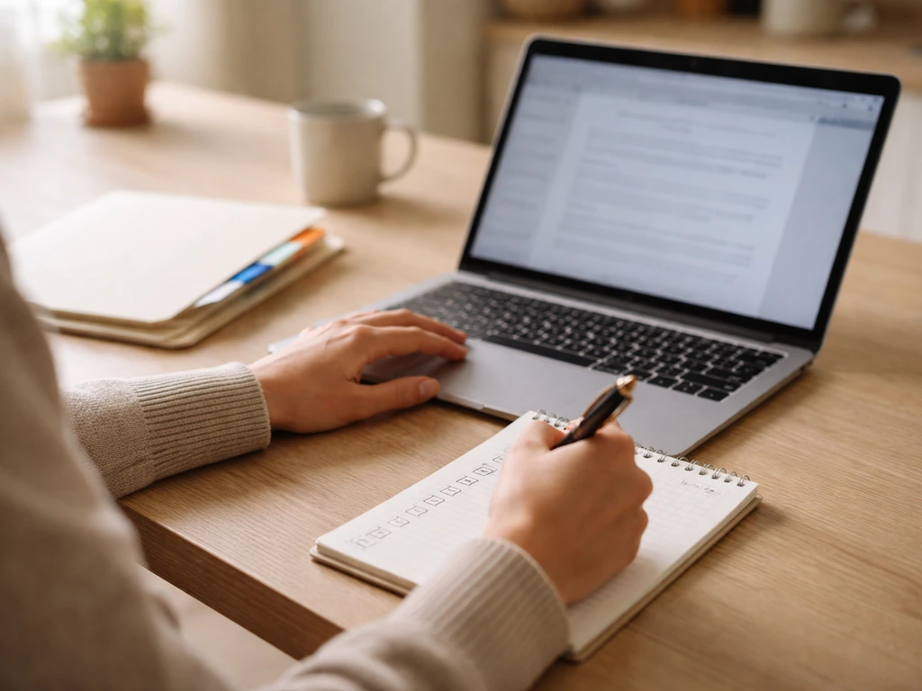 Homeowner reviewing business verification records on a laptop with a notebook checklist for a specific patio company loc