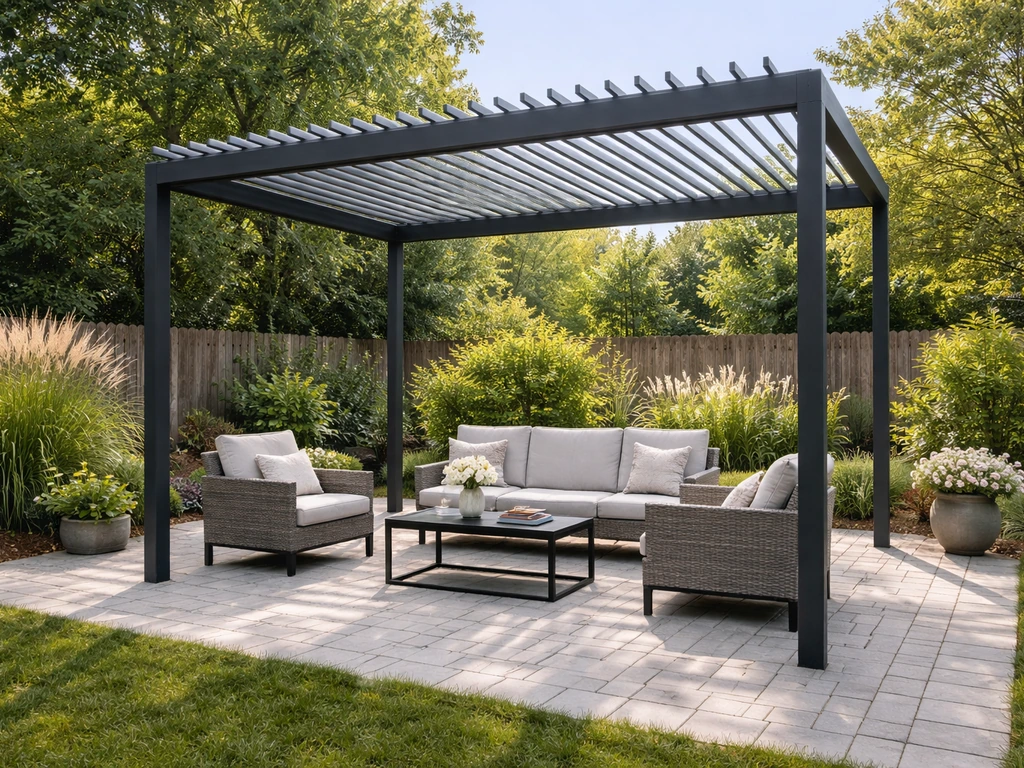 Backyard patio with an aluminum louvered pergola and matching outdoor seating in natural daylight.