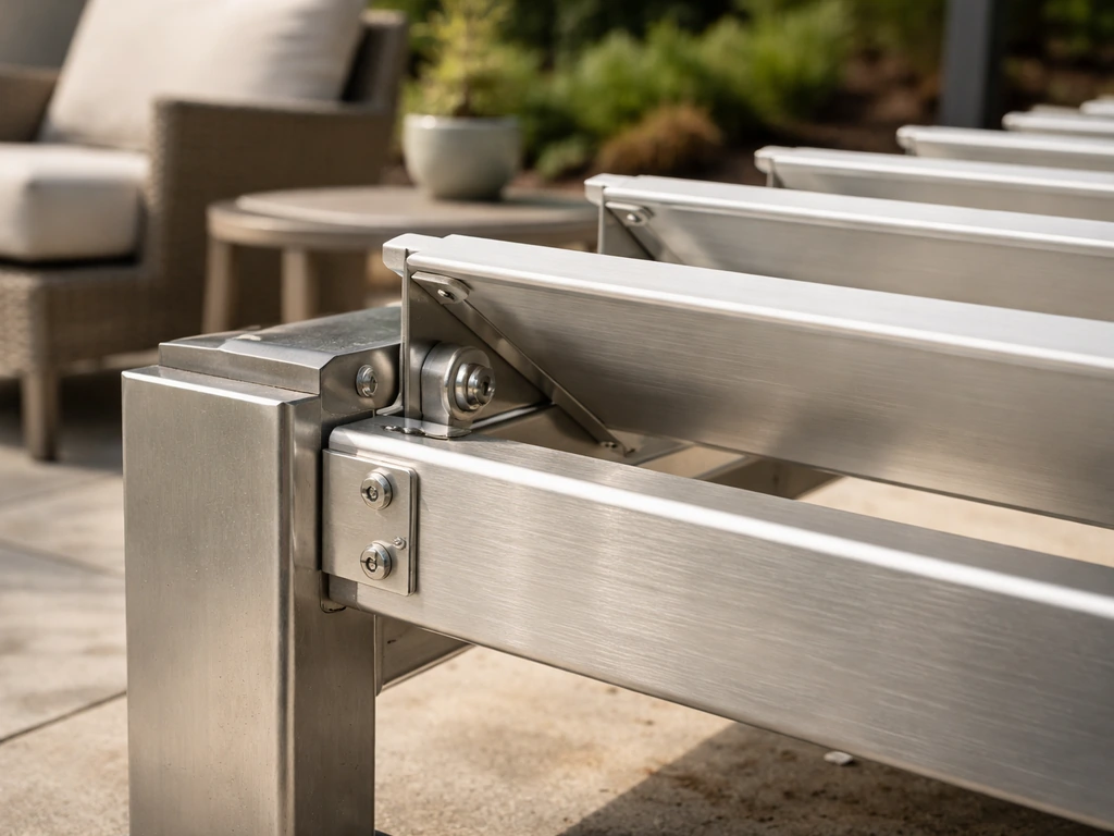 Close-up of a metal aluminum louvered pergola section beside simple patio furniture on a quiet outdoor surface.