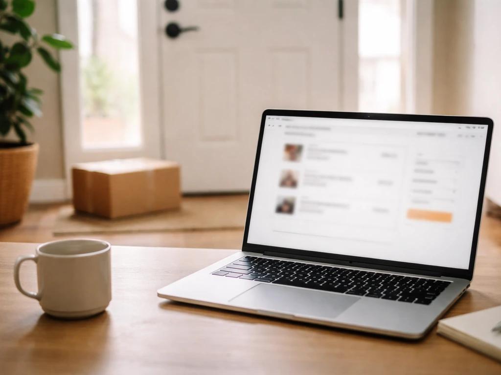 Laptop showing a generic checkout screen while a delivery box waits by the front door.