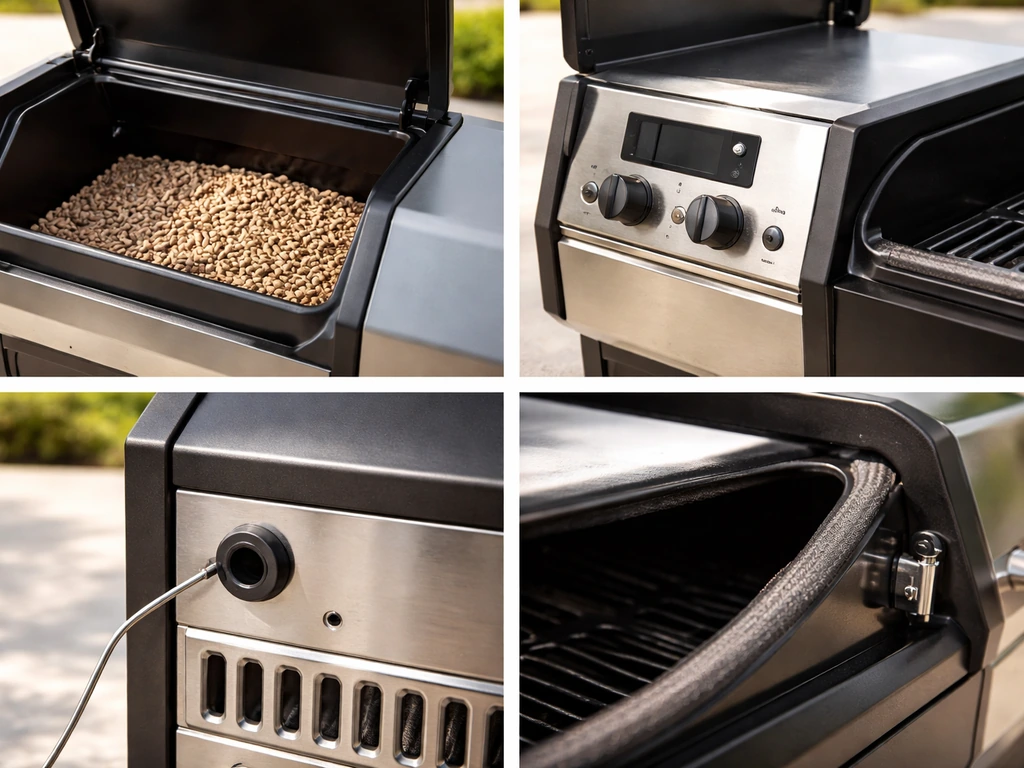 Close-up of a pellet grill’s hopper, side controls, probe area, and sealed cooking door.