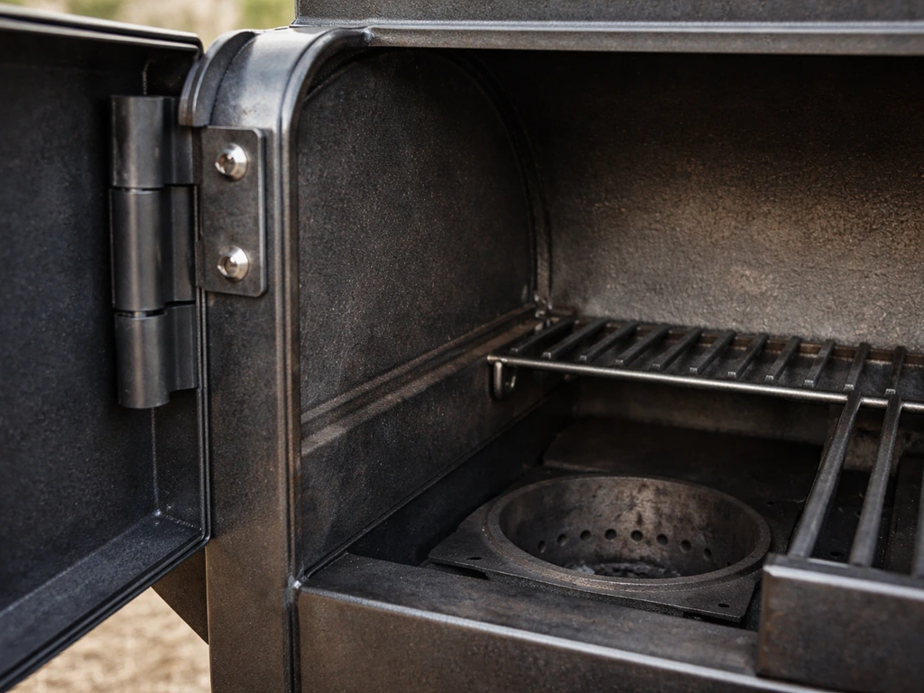 Close-up of a heavy-gauge steel pellet grill cooking chamber wall with thick door and burn area details