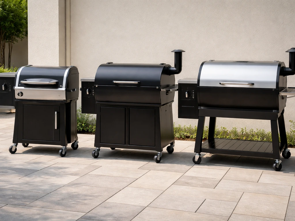 Three pellet grills side-by-side on a patio, showing compact footprint and different cooking areas.
