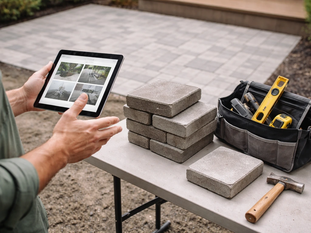 Homeowner’s hands reviewing patio proposal on a tablet next to pavers and tools on a backyard patio.