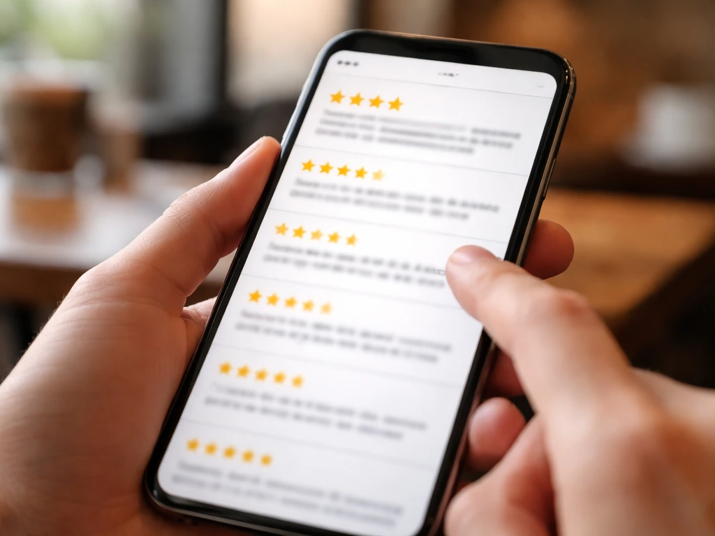 Close-up of an anonymous phone showing a review section with stars and review snippets in focus.