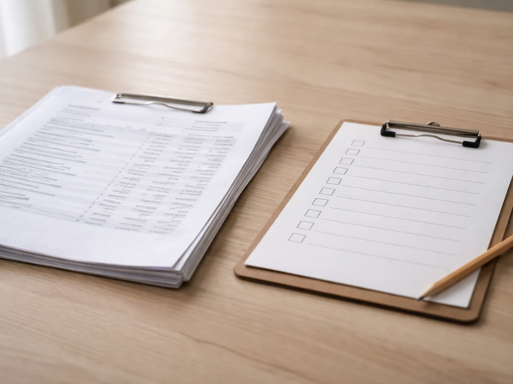 Close-up of an itemized contractor quote packet with a simple checklist on a clipboard and pencil.