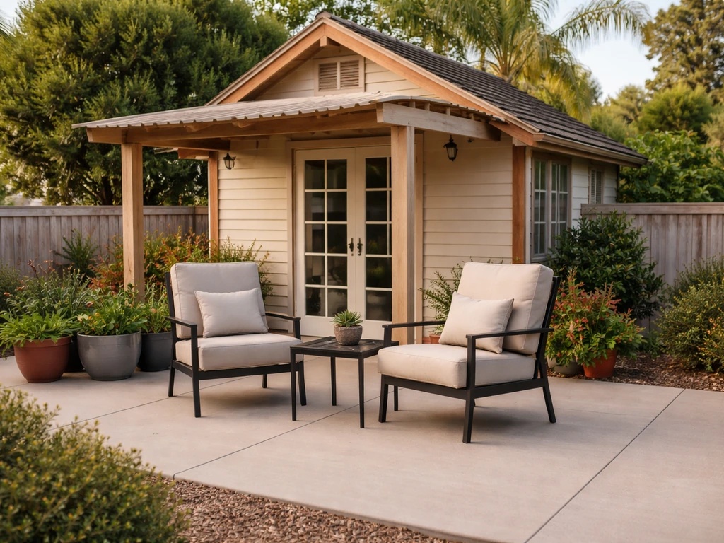 Minimal outdoor patio in Escondido with seating and a small backyard playhouse-like canopy structure