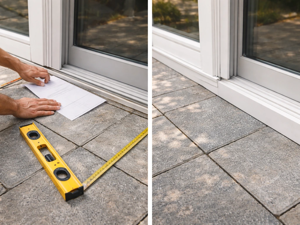 Patio edge templating with masking tape, then a neatly installed structure aligned squarely in daylight.