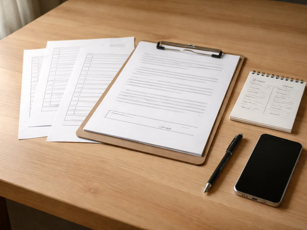 Contractor verification packet on a desk beside a notepad with a simple deposit checklist.