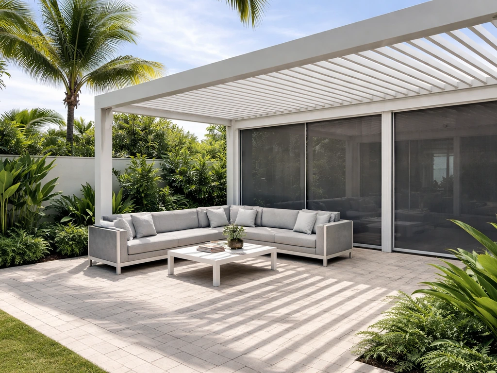 Bright outdoor patio showroom with modern pergola and screen-room panels, neutral seating, lush greenery.