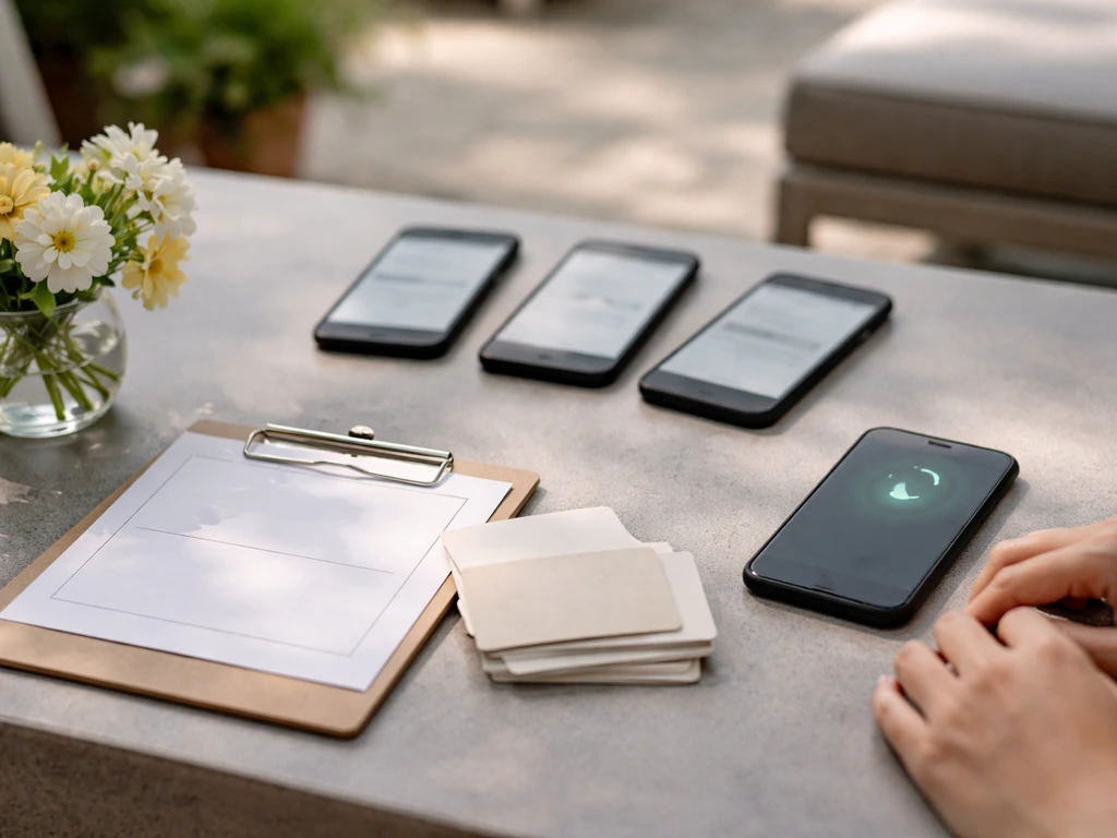 Tidy showroom desk with blurred phone screens and blank note/clipboard symbolizing reviews, service, delivery.