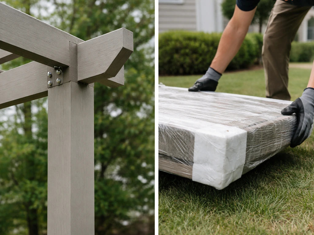 Split-feel photo showing a neatly finished patio detail beside a delivery-handling moment outdoors.