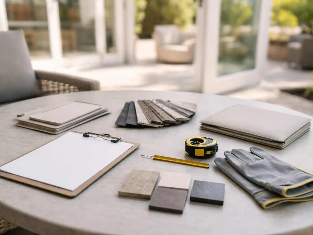 Materials and checklist items laid out on a clipboard on a patio showroom table, ready for before booking.