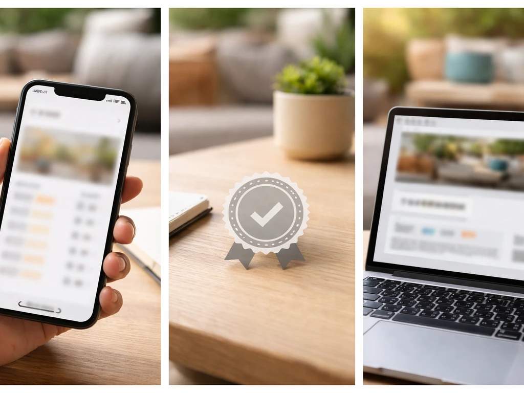 Minimal collage-style photo showing patio review sources represented by blurred smartphone screenshots and a home patio
